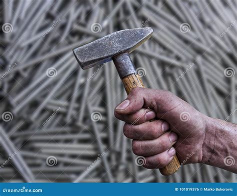 Man S Hand Holding Hammer On White Background Stock Photo Image Of