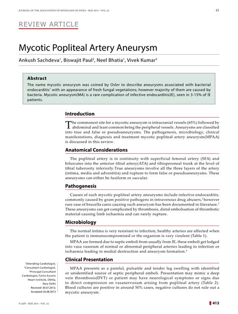 Pdf Mycotic Popliteal Artery Aneurysm