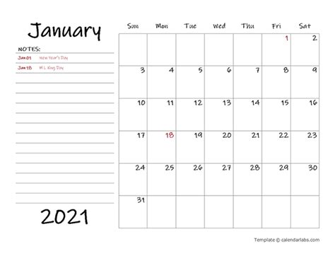 2021 Calendar Template With Monthly Notes Free Printable Templates