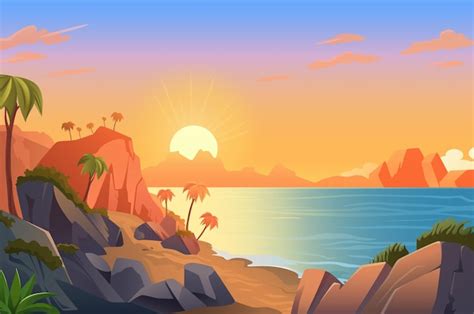 Premium Vector Background Sunset On The Beach Lively Cartoon
