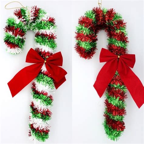 2x Christmas Tinsel Candy Cane Haning Decoration W Ribbon Xmas Décor
