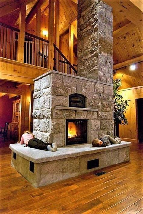 Central Stone Fireplace Rustic House Home Fireplace Cabin Homes