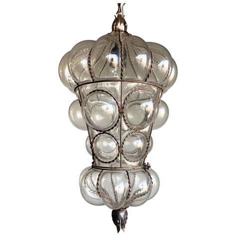 Large Venetian Style Mouth Blown Glass In Metal Frame Pendant Light