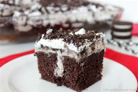 Pour pudding mixture over warm cake. Oreo Poke Cake Recipe - CincyShopper