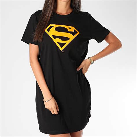 Dc Comics Tee Shirt Robe Femme Logo Superman Noir Orange Fluo