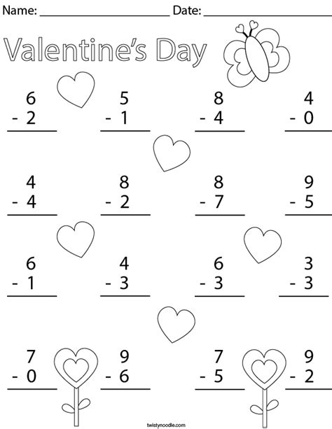 Valentines Day Single Digit Subtraction Math Worksheet Twisty Noodle