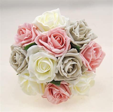 Bridesmaids Dusky Pink Ivory And Grey Artificial Foam Rose Wedding Posy