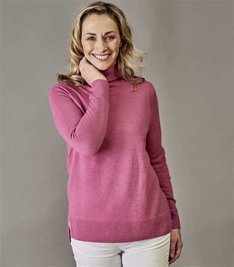 Peony Pink Womens Pure Cashmere Roll Neck Jumper Woolovers Au