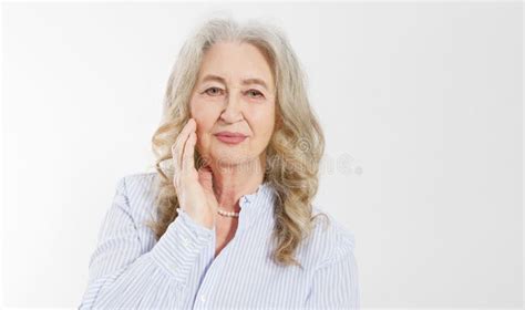 Closeup Of Smiling Senior Woman Wrinkle Face And Gray Hair Old Mature Lady Touching Her