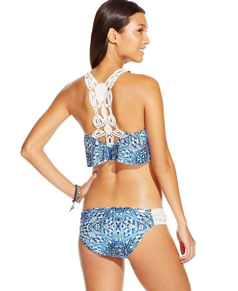 Jessica Simpson Printed Flounce Bikini Top Crochet Side Tab Hipster