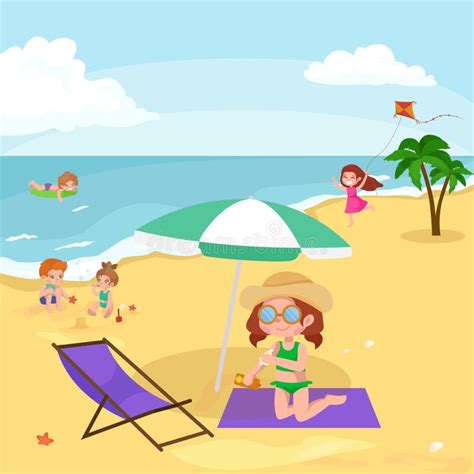 Summer Children Kids Playing In The Sand On Beach Stock Vector
