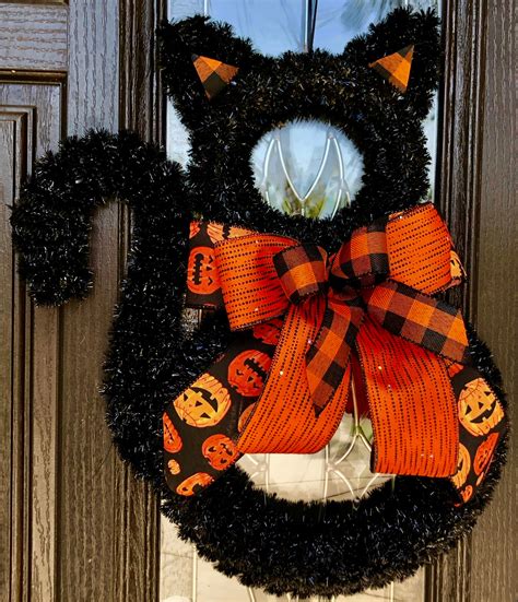 Black Cat Door Hanger Halloween Black Cat Door Decor Orange Etsy