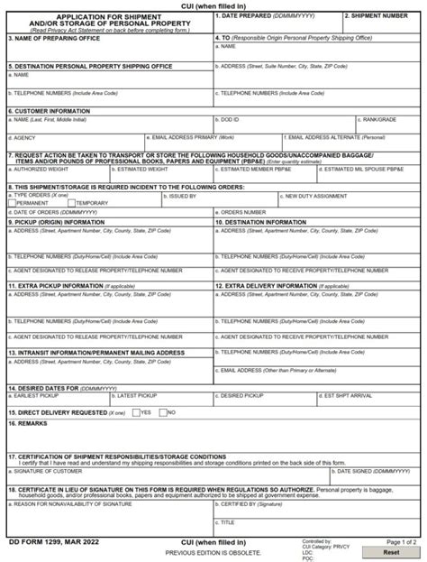 Dd Form 1299 Application For Shipment Andor Storage Of Personal