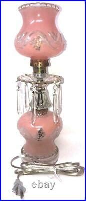 Vtg Victorian Pink Frosted Glass Hurricane Boudoir Lamps Glass Prisms