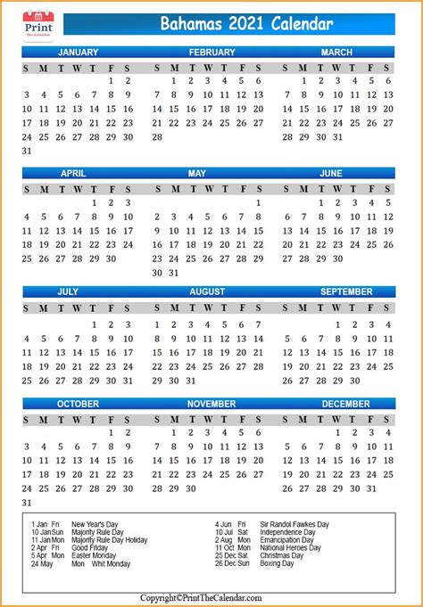 Bahamas Calendar 2021 With Bahamas Public Holidays