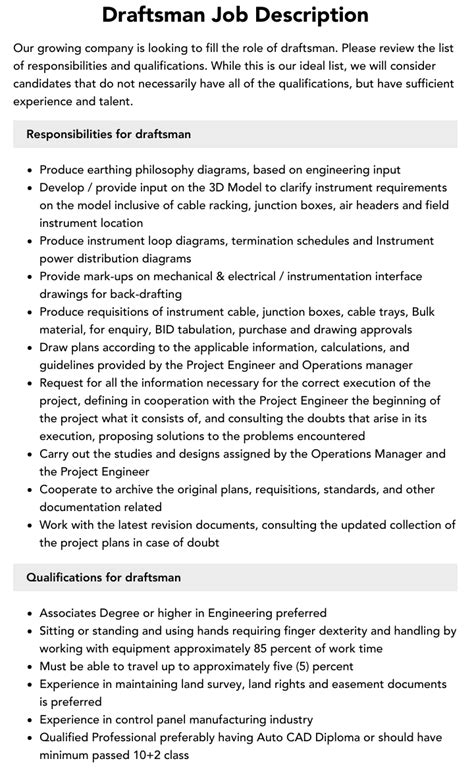 Draftsman Job Description Velvet Jobs