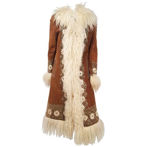 60s Summer Of Love Mongolian Sheep Trimmed Suede Embroidered Coat Fur
