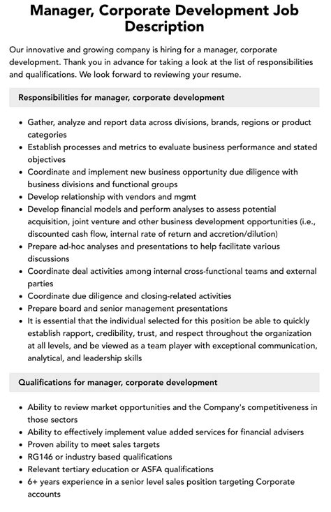 Manager Corporate Development Job Description Velvet Jobs