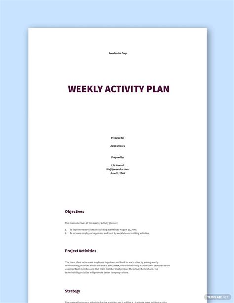 Activity Plan Templates Documents Design Free Download