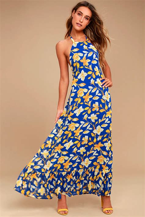 Lovely Yellow And Blue Floral Print Dress Halter Maxi Dress