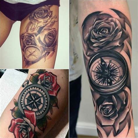 Four Different Tattoos With Roses And Compasss On Their Arms Both In