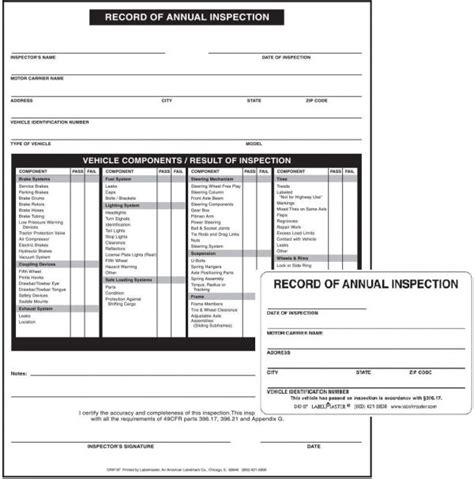 Annual Vehicle Inspection Form And Label Kit American Pride