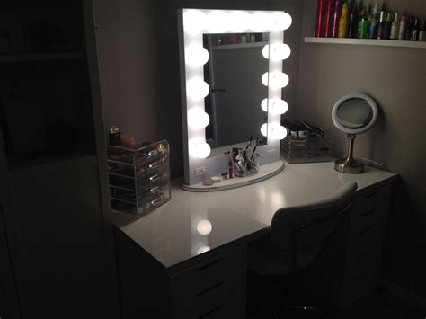 Black hollywood lighted makeup vanity mirror light, makeup dressing table. My vanity, just missing the brushes. Ikea Linnmon table ...