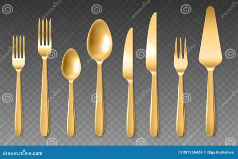 Realistic Golden Cutlery Luxury Spoons Knives And Forks Yellow Metal