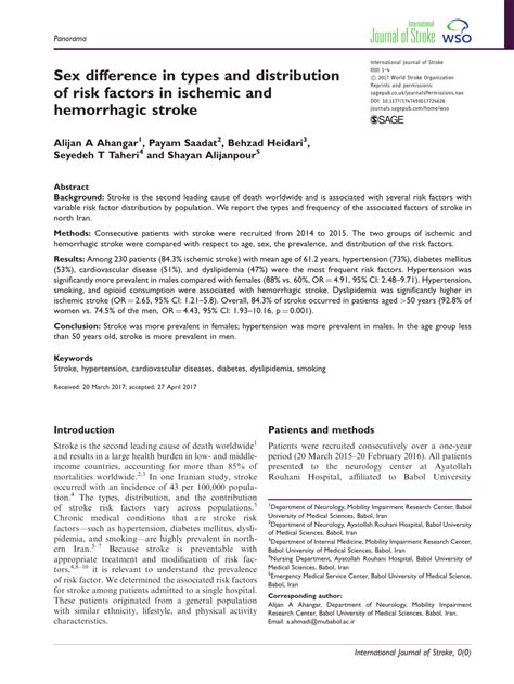 Pdf Sex Difference In Types And Distribution Of Risk Factors In Ischemic And Hemorrhagic Stroke