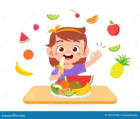 Cute Happy Kid Eat Salad Vegetable Fruits Vector Illustration