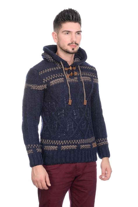 Small embroidered logo on upper left front. New Brad Jones Mens Thick Cable Knit Hooded Vintage Nordic ...