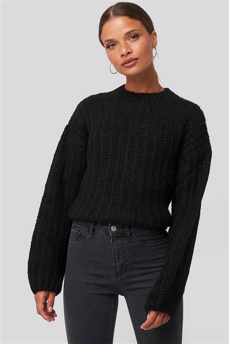 Round Neck Heavy Knit Sweater Black Na Kd