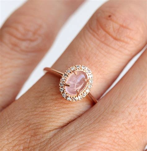 rose quartz ring halo diamond ring rose engagement ring rose gold diamond ring pink