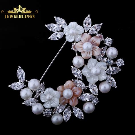 Bridal Jewelry White And Pink Shell Pearl Flower Half Wreath Brooch Silver Tone Marquise Cz Leaf