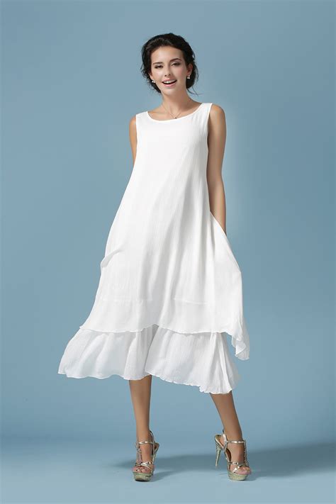 2016 Womens Casual White Dresses Slim Soft Cotton Linen