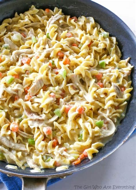 What's more comforting than saucy chicken over buttered egg noodles?? Creamy Chicken Noodle Skillet - The Girl Who Ate Everything