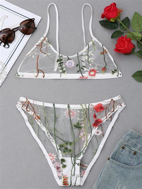 [38 off] floral embroidered mesh bralette set rosegal