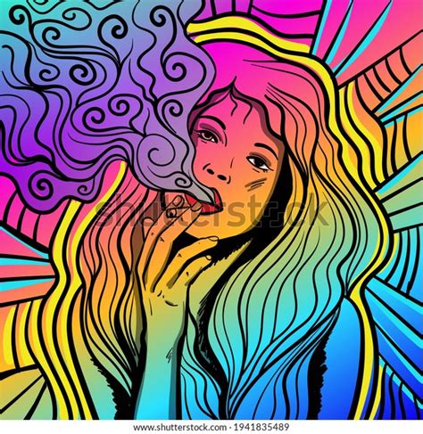 Colourful Psychedelic Line Art With The Abstract Smoking Woman