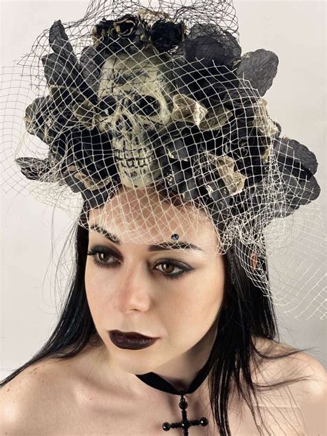 Gothic Skull And Veil Headpiece Day Of The Dead Flower Etsy
