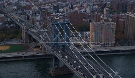 The Manhattan Bridge At Sunset In New York City Aerial Stock Photo