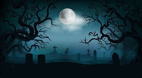 halloween background with old cemetery gravestones spooky leafless trees full moon on night sky