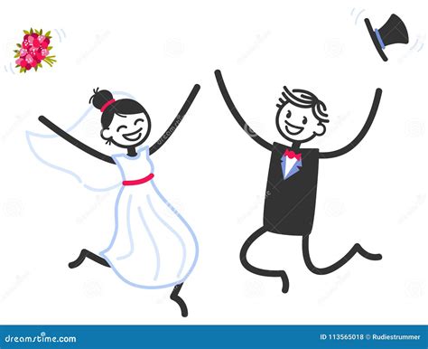 Vector Wedding Illustration Of Happy Stick Figures Bridal Couple