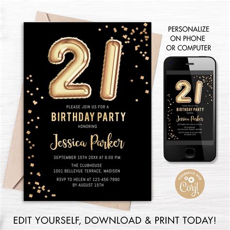 21st Birthday Party Card With Phone And Gold Balloons