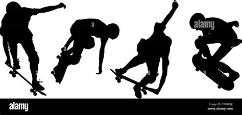 Silhouettes In Black Of Four Skateboarders Doing Tricks Isolated Stock