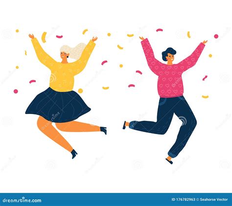 Happy Jumping People Woman Celebrating Victory Concept And Vector