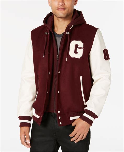 Guess Synthetic Hooded Varsity Jacket In Red For Men Lyst