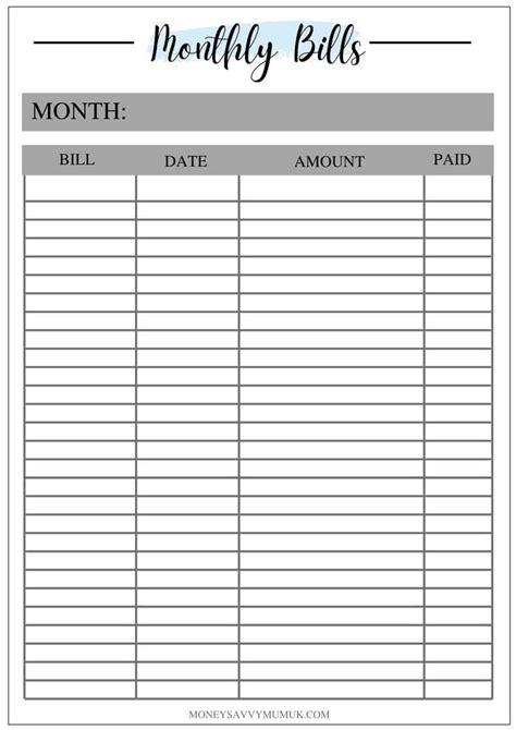 Printable Monthly Bill Charts Example Calendar Printable Vrogue