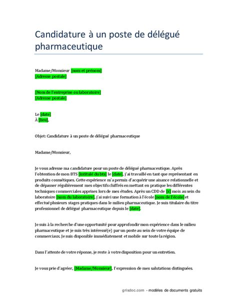Lettre de motivation pour un poste de délégué pharmaceutique DOC PDF page sur