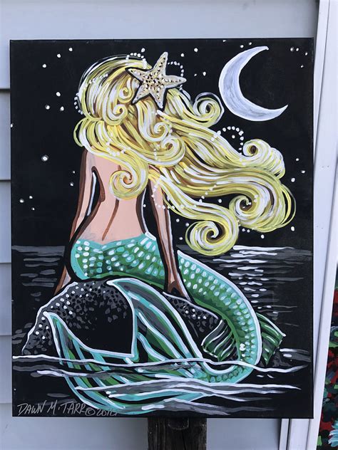 Blonde Mermaid Midnight Moon Stars Rock Ocean Beach Bay Tropical Nautical Star Fish Original