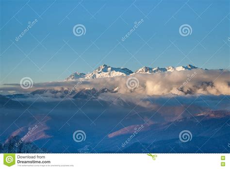 Snowy Mountain Peaks At Sunset Stock Image Image Of Mountain Dusk